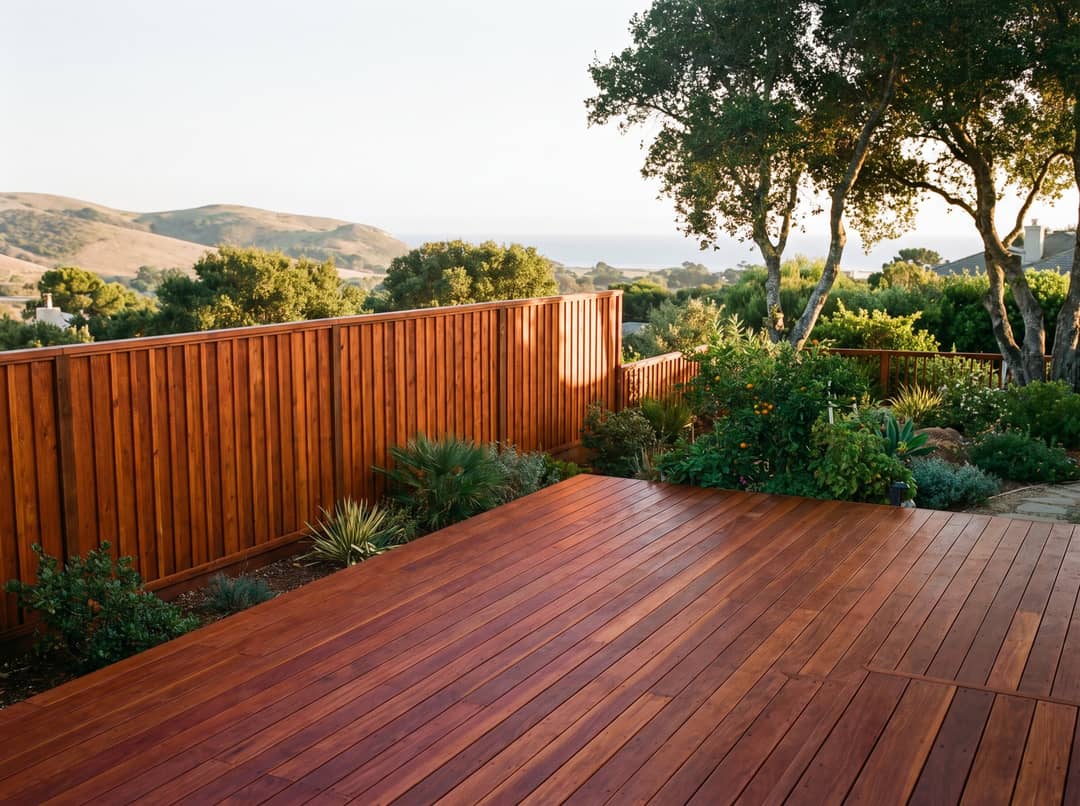 A backyard fence and deck freshly stained